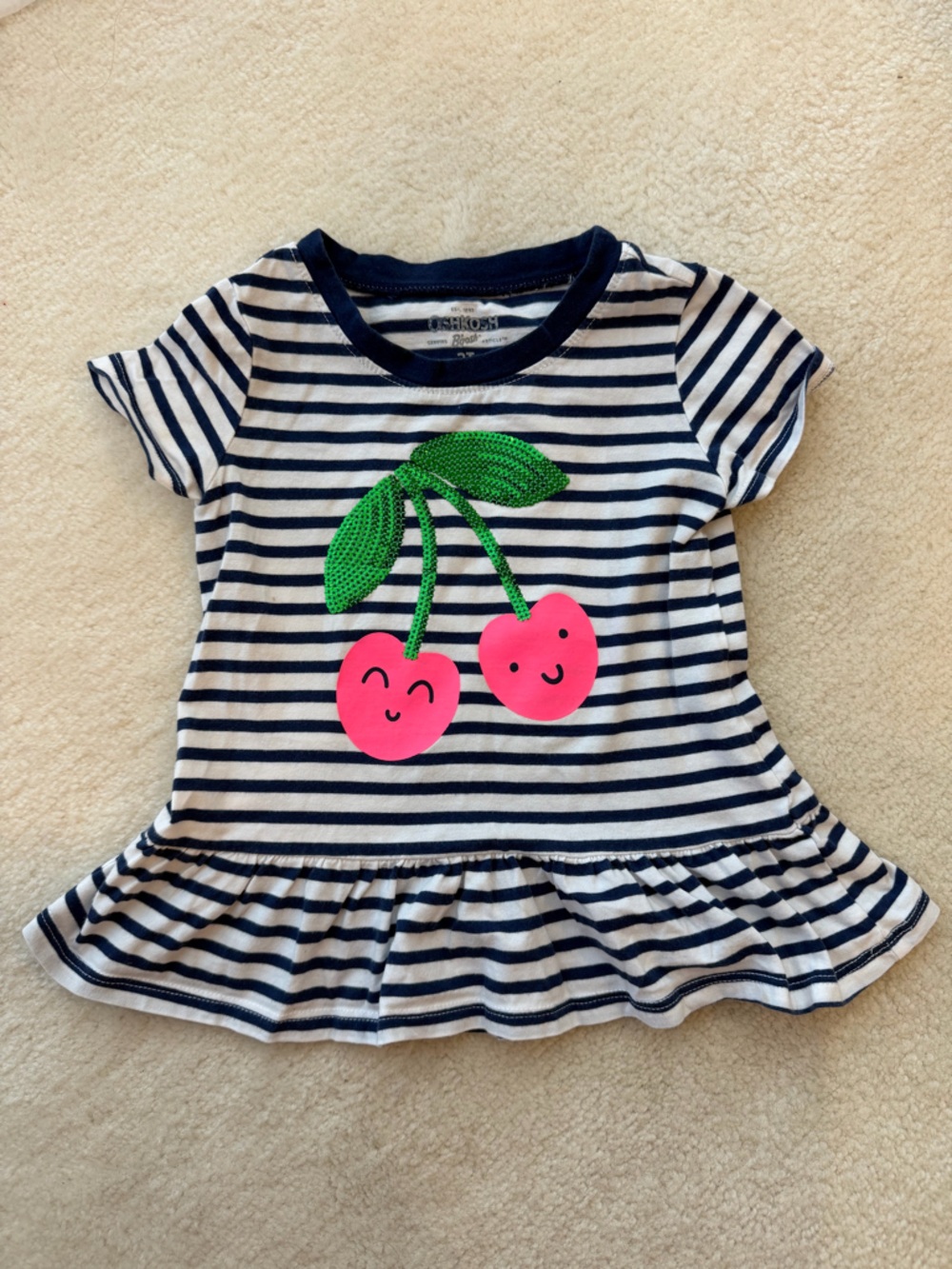 Girls Navy Stripe Sparkly Cherry Peplum Tee